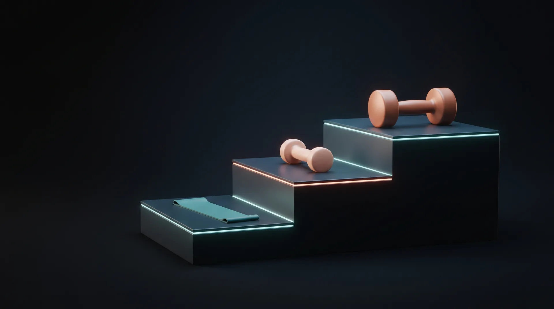 Three glowing steps rising from a resistance band to a light weight to a heavier weight.