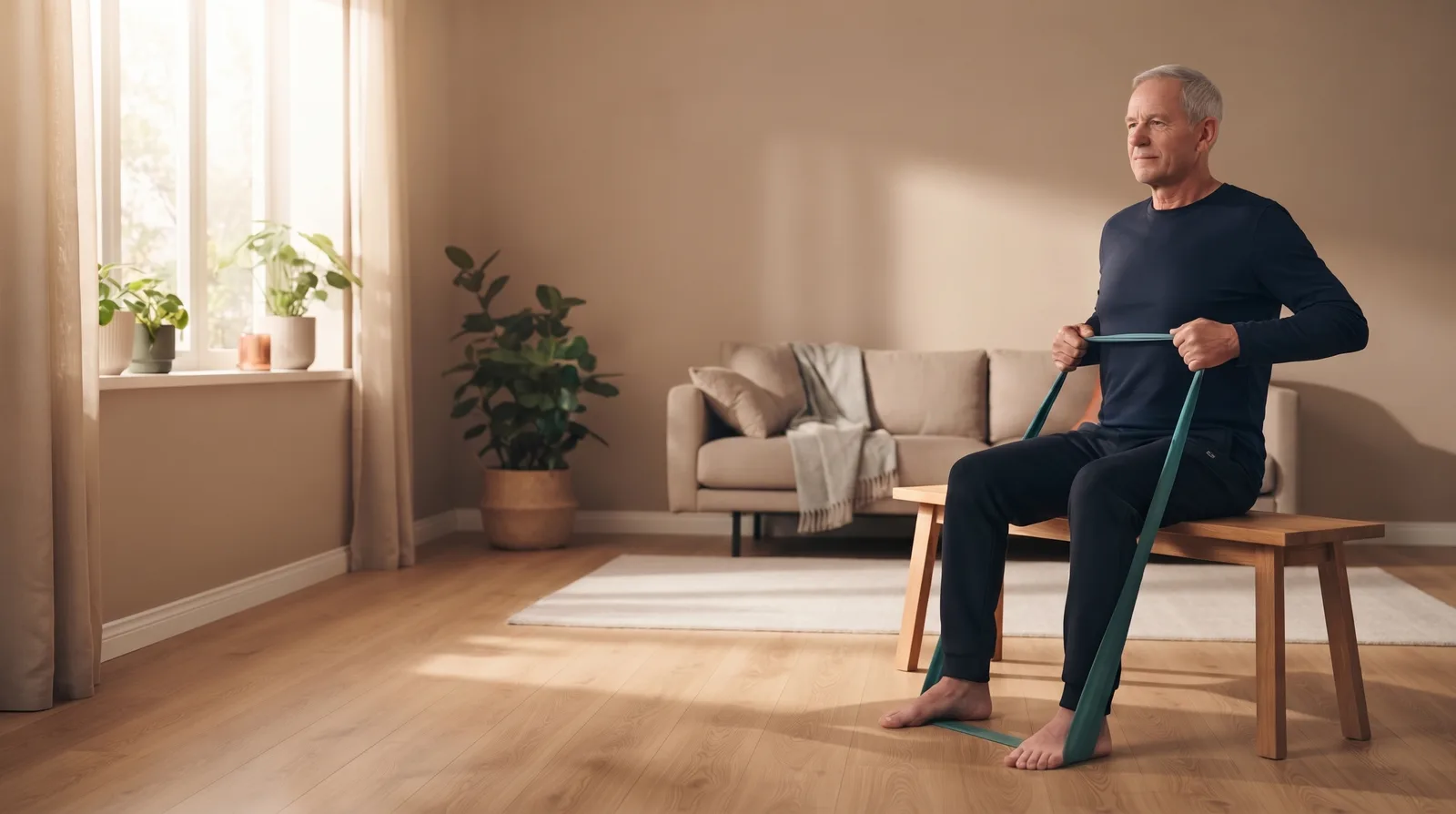 A man in his 60s doing a seated resistance-band row on a bench in a bright living room.