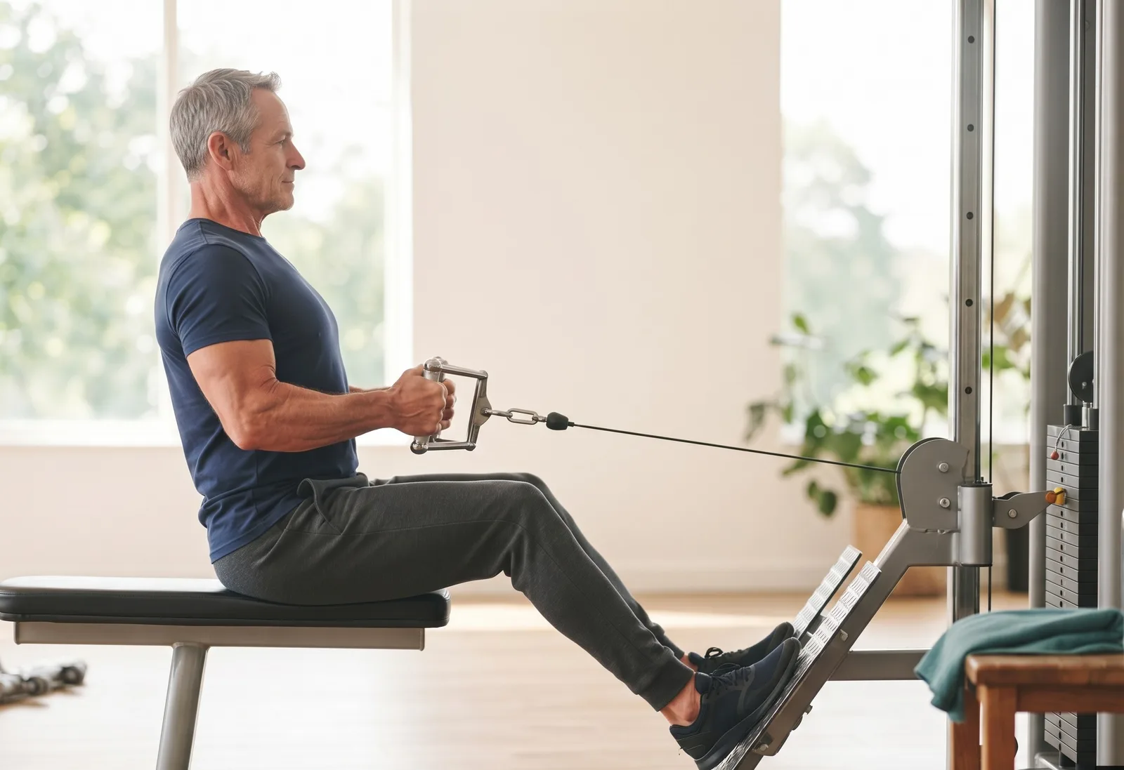 A man in his 50s doing a seated cable row, sitting tall with his back straight.