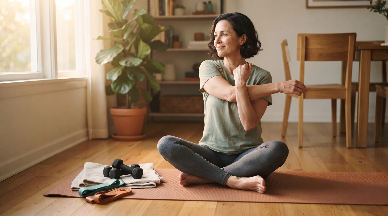 A woman stretching her arm across her chest on a mat, with dumbbells and resistance bands beside her.