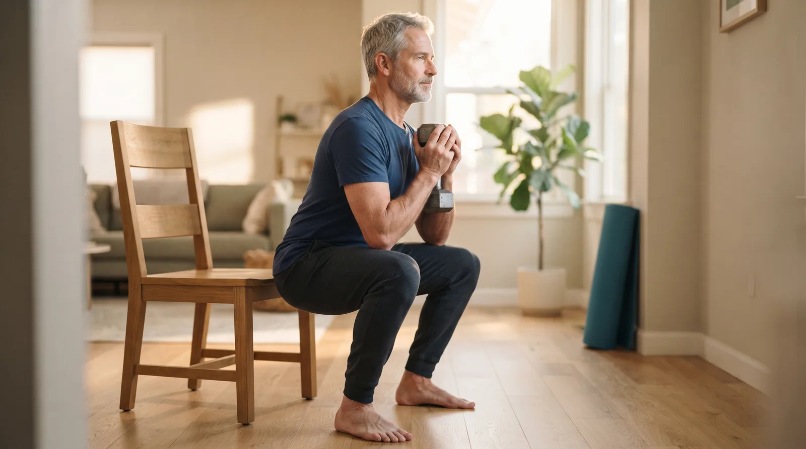 A man in his 50s doing a goblet squat, holding a dumbbell at his chest, with a chair behind him.
