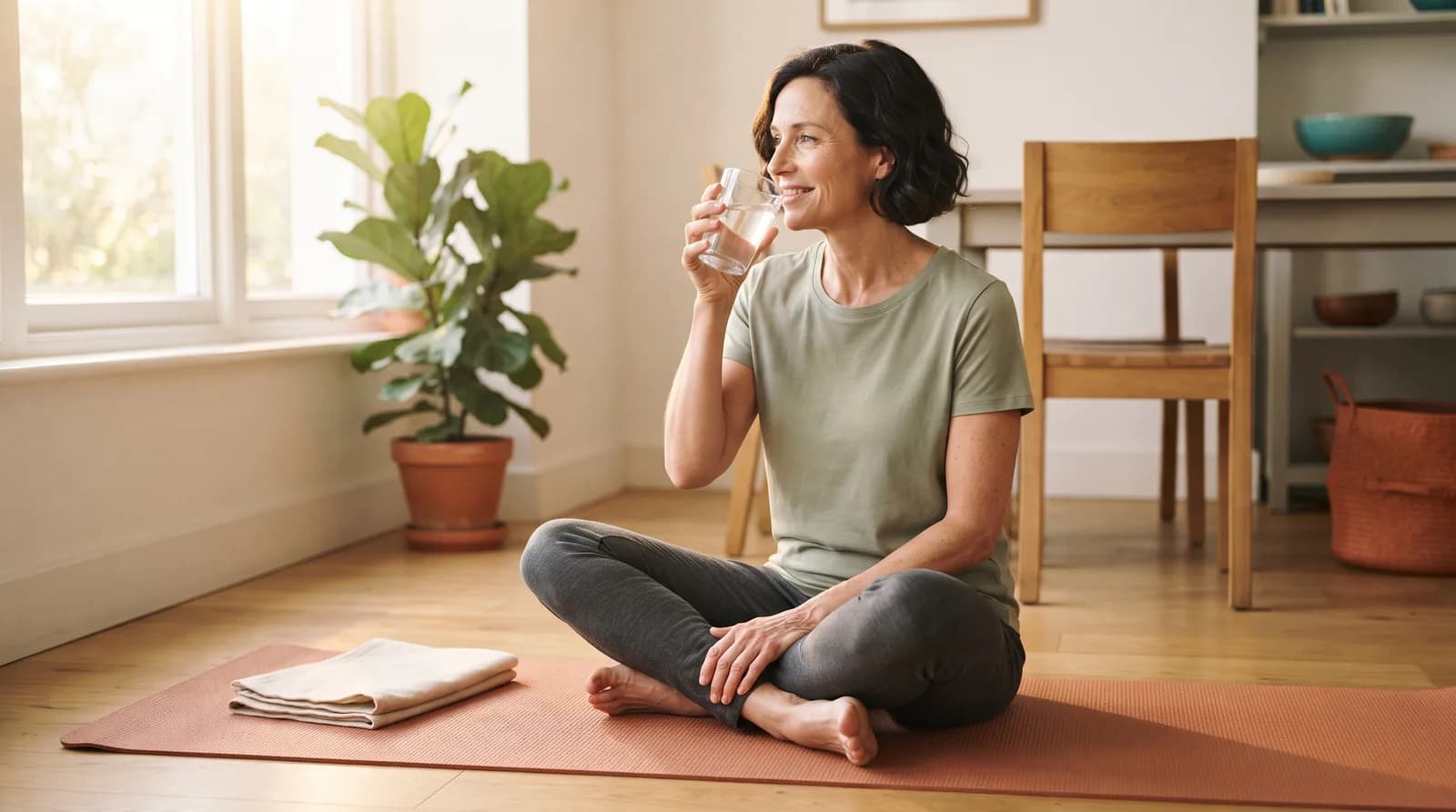 A woman resting on a yoga mat at home with a glass of water after a workout.