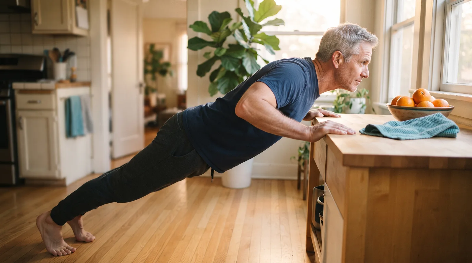 A man in his 50s doing a counter push-up in a kitchen with his body in a straight line.