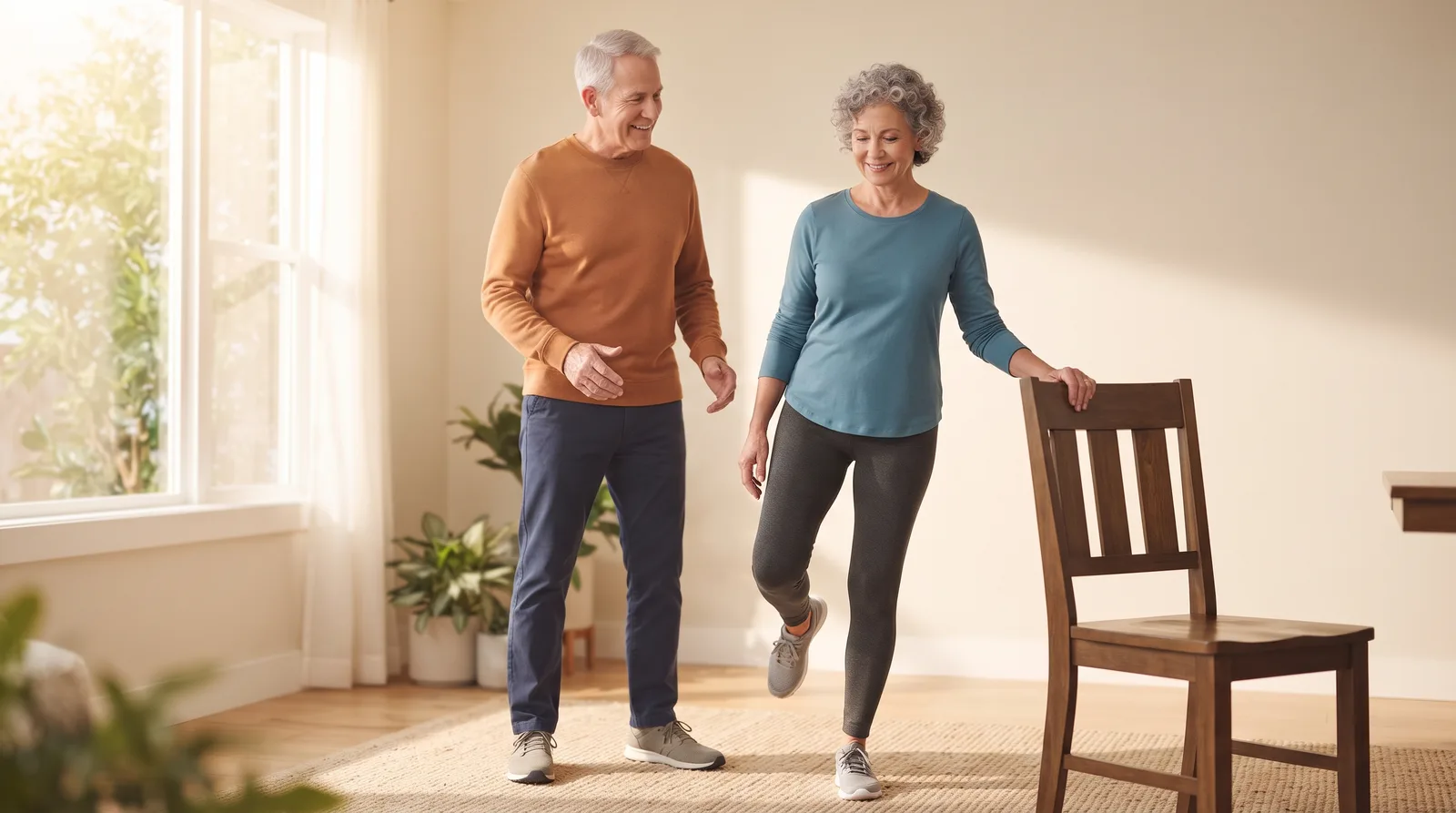 An older couple practicing balance at home, one standing on one leg with a hand on a chair.