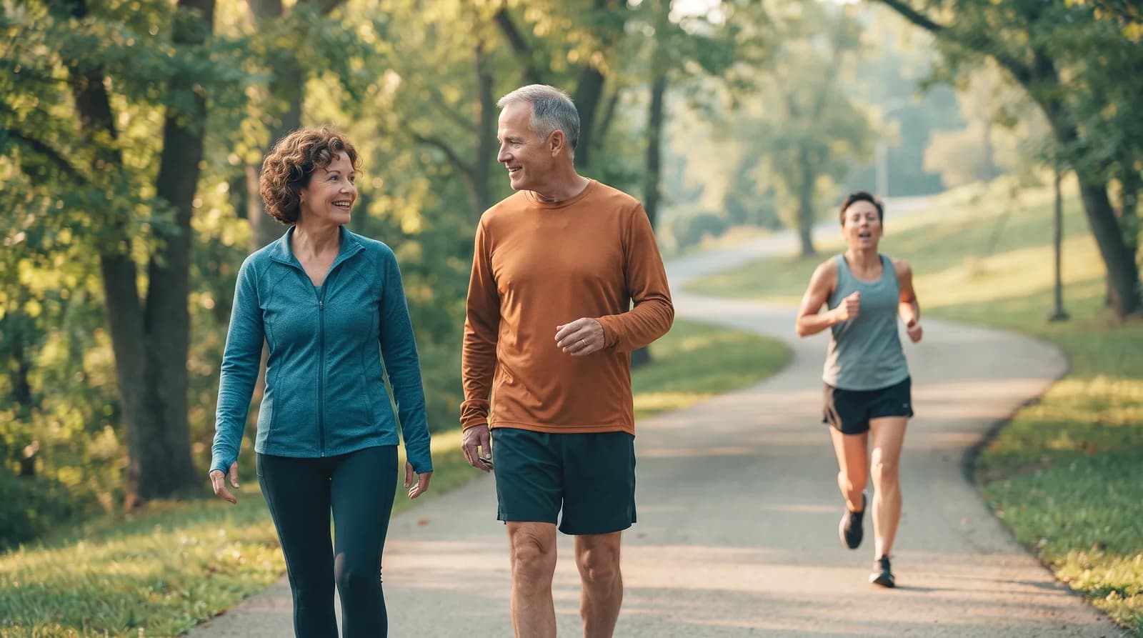 Two adults walking briskly and chatting on a park path while a runner jogs past, breathing hard.