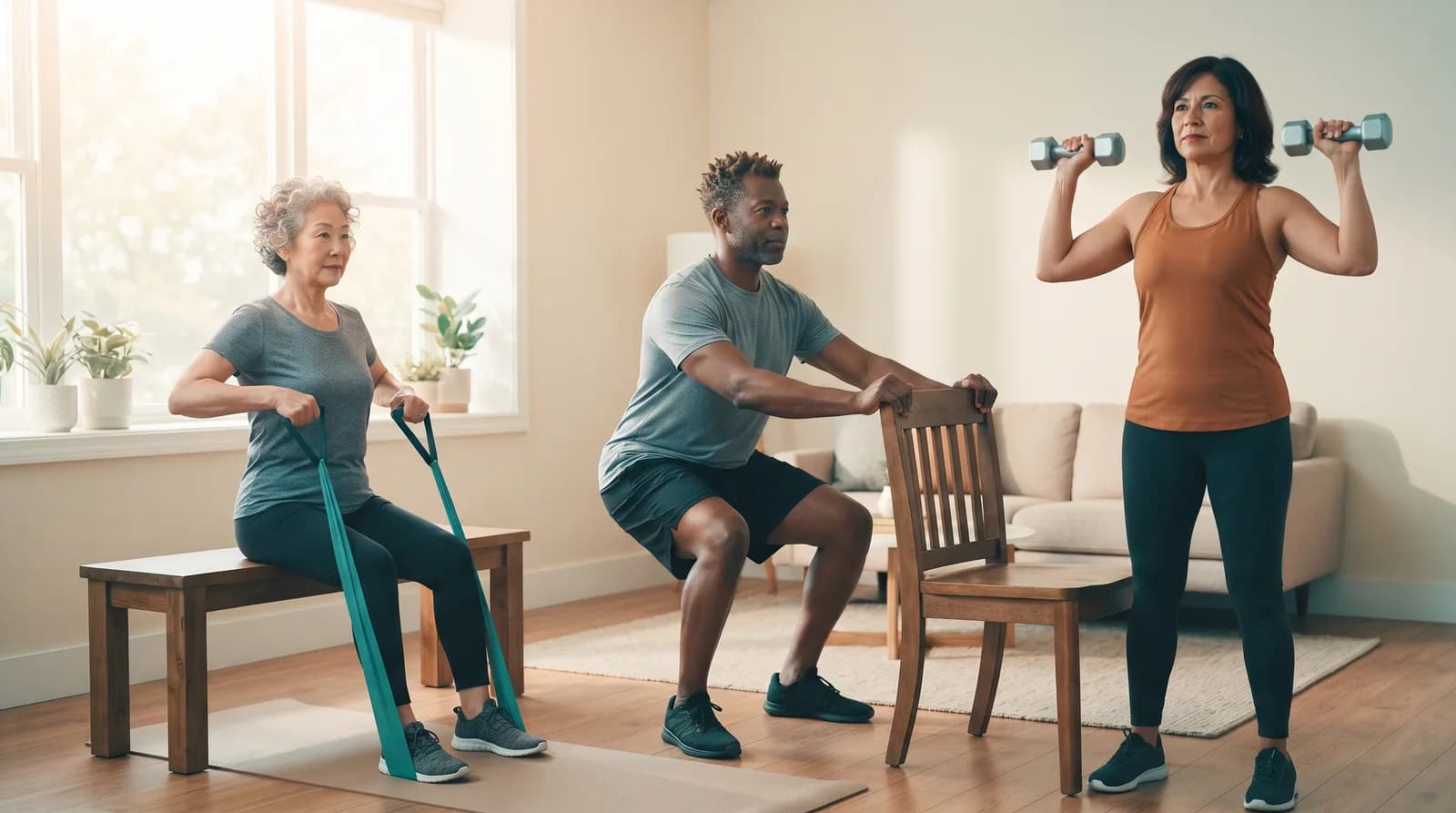 Three adults of different ages doing a band row, a chair-supported squat and a light shoulder press at home.