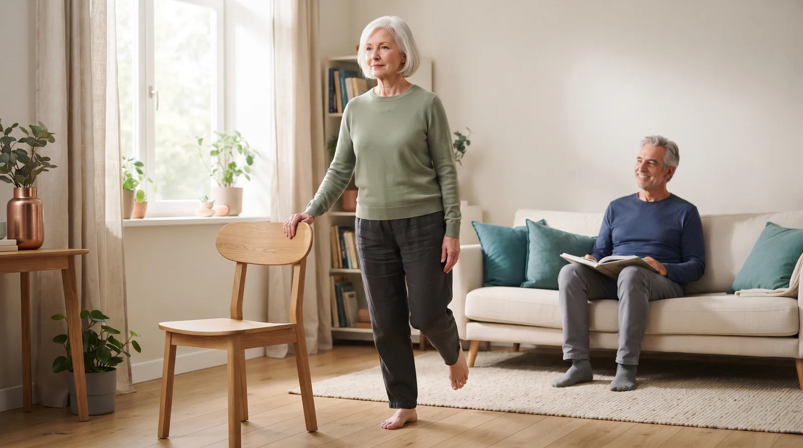 A woman in her late 60s practicing balance on one leg with a hand on a chair while her husband watches.