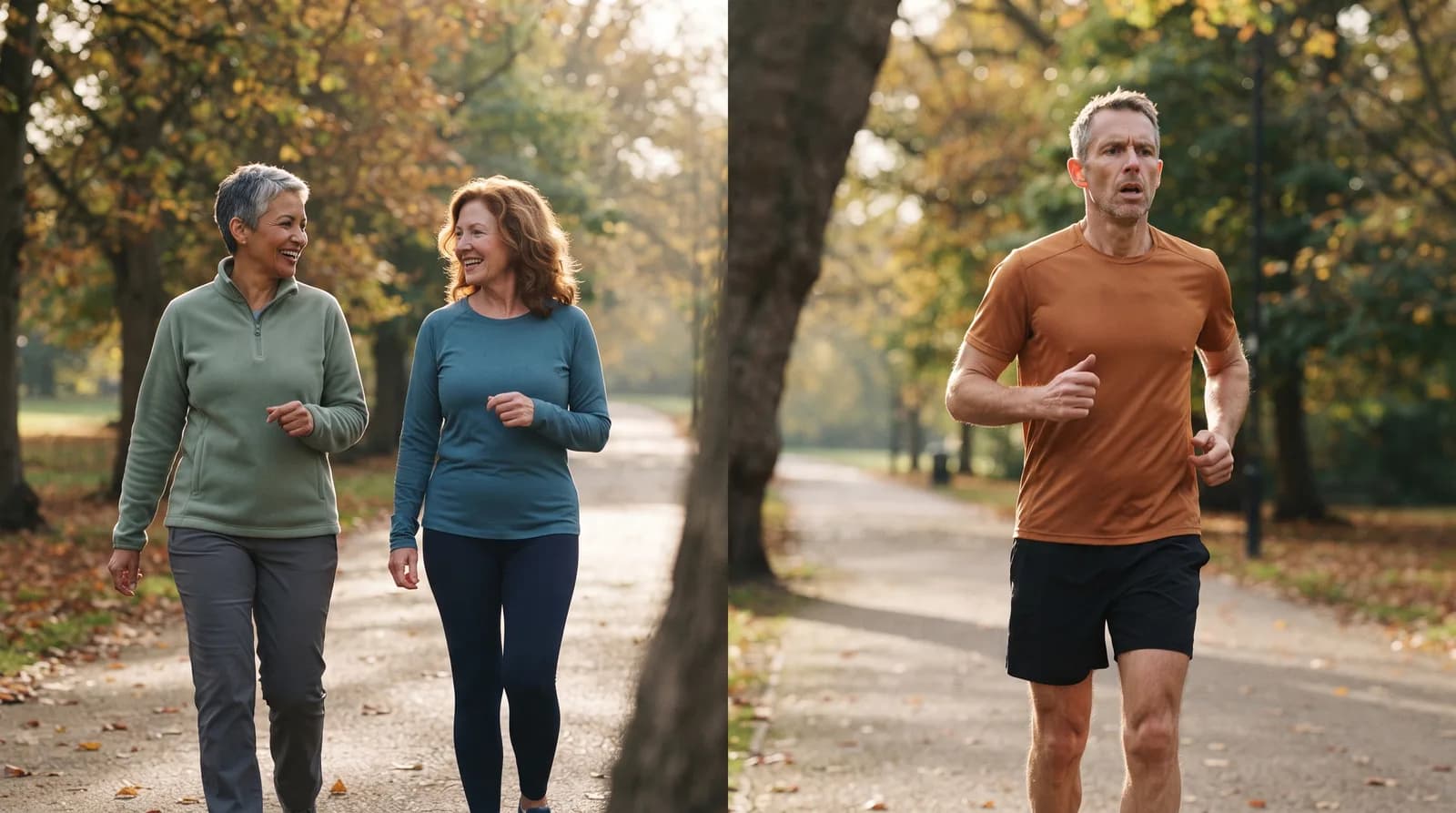 Two women walking and chatting on a park path next to a man jogging and breathing hard.