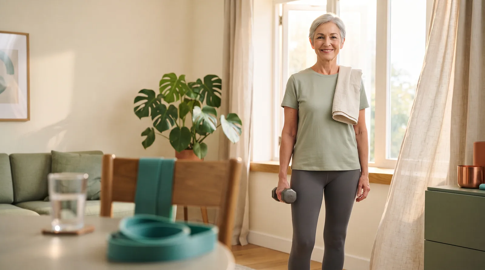 A woman in her early 60s smiling by a sunny window after a gentle home workout, with a light weight in her hand.