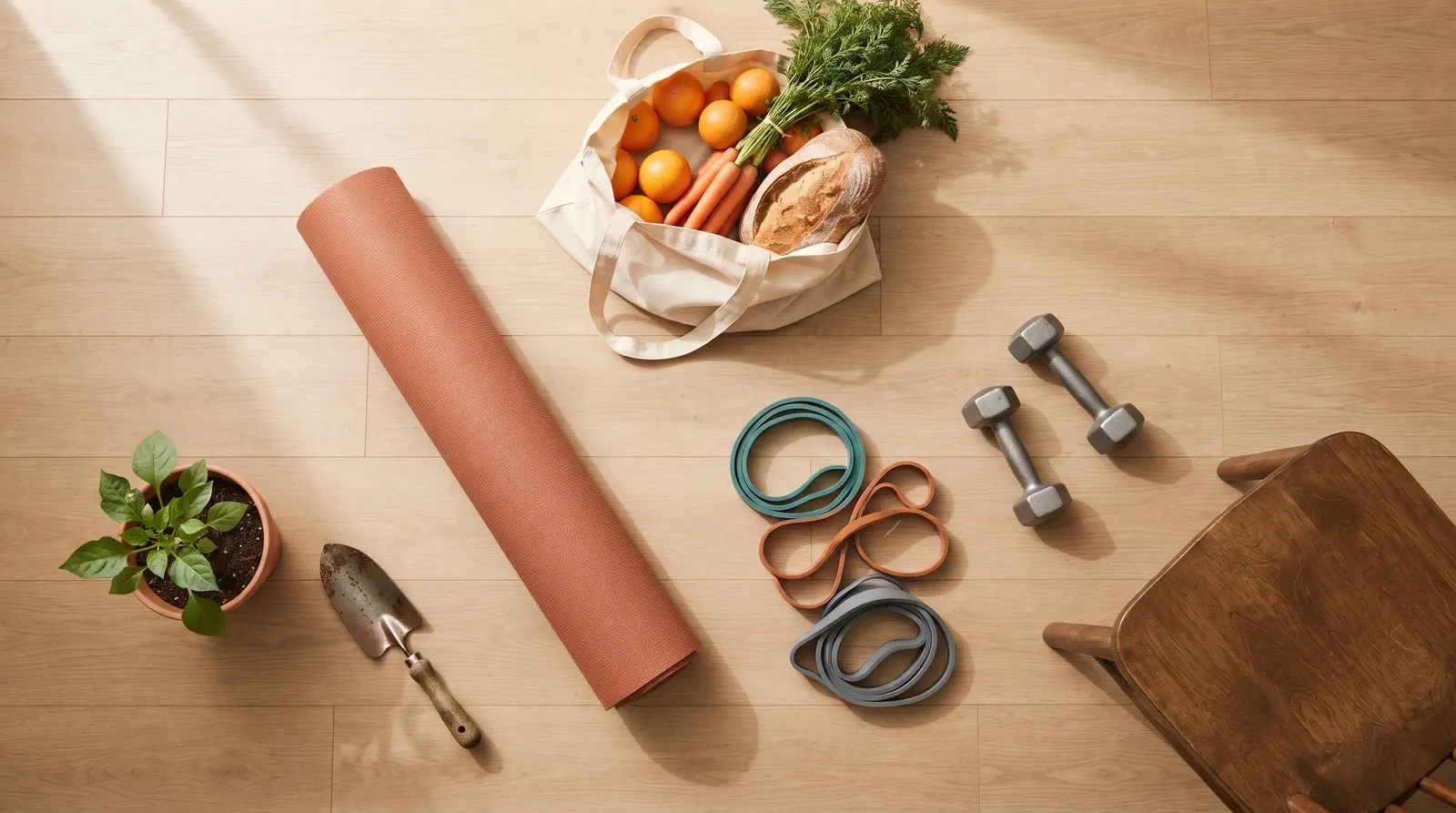 Overhead view of resistance bands, light weights, a chair, a tote bag of groceries and a garden trowel on a wooden floor.