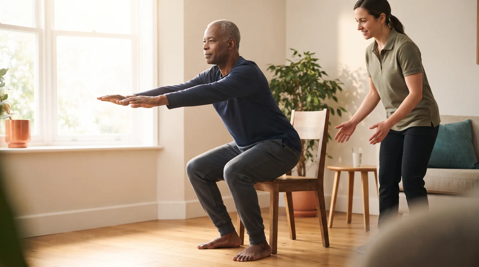A man in his early 60s squatting down toward a chair with good form while a physical therapist watches nearby.