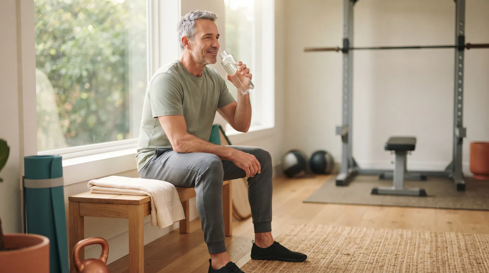 A man resting on a bench with a water bottle after a workout, with a squat rack and a bench behind him.