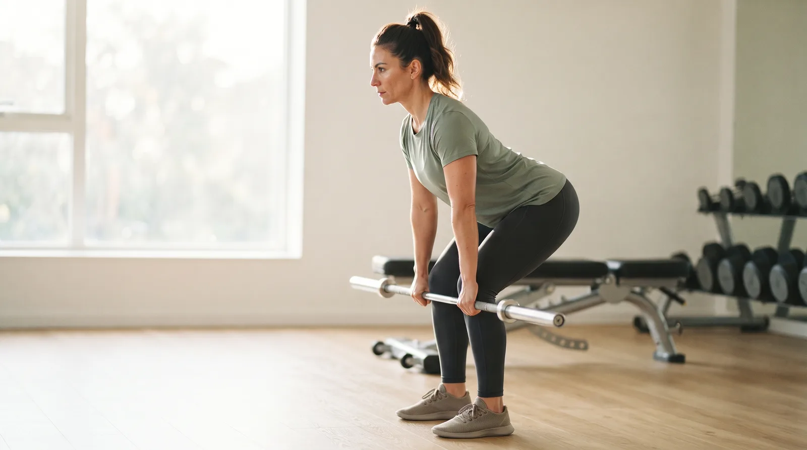A woman doing a Romanian deadlift with a barbell, hips pushed back and back flat.