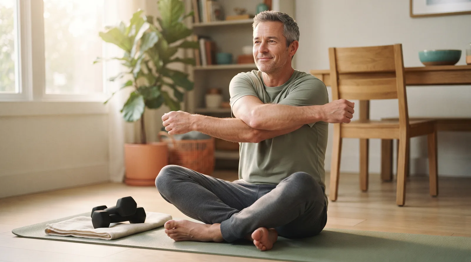 A man stretching his arm across his chest on a mat at home, with dumbbells and a towel beside him.