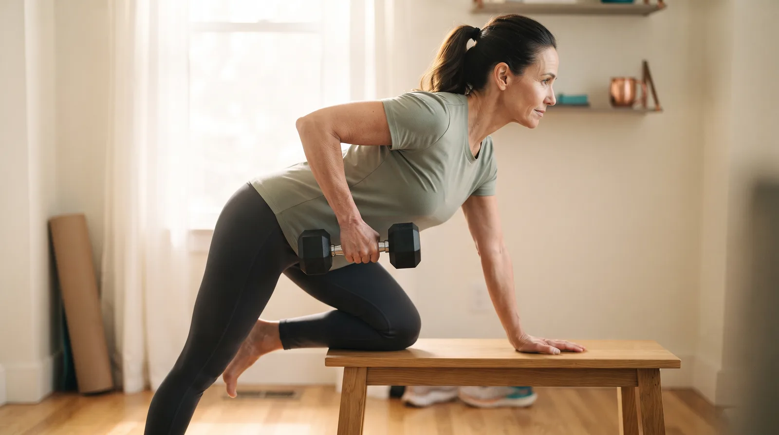 A woman doing a one-arm dumbbell row with one hand and one knee on a bench.