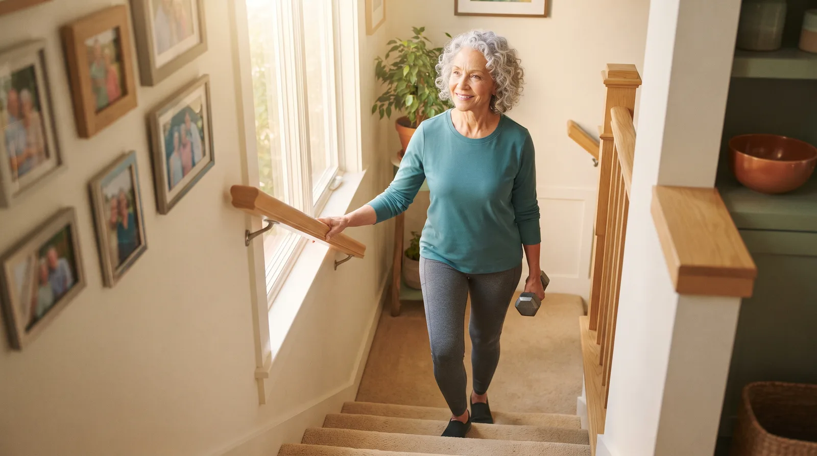A woman in her late 60s climbing stairs at home with a light weight in one hand.
