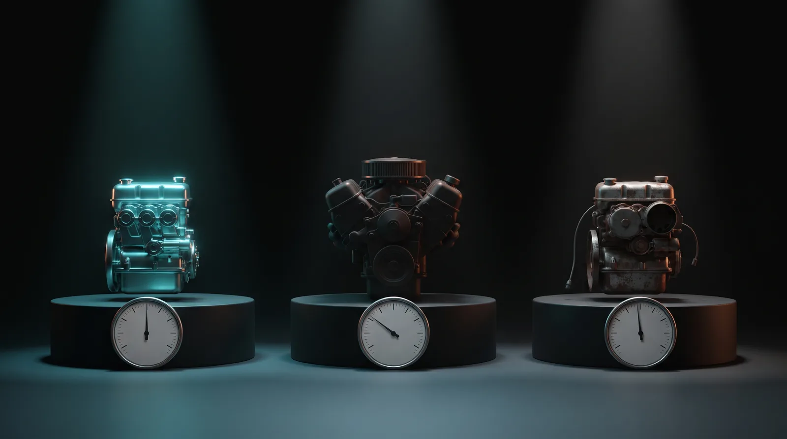Three engines on pedestals: a small teal one, a large dark V8 and a small rusty one, each with a round dial in front.