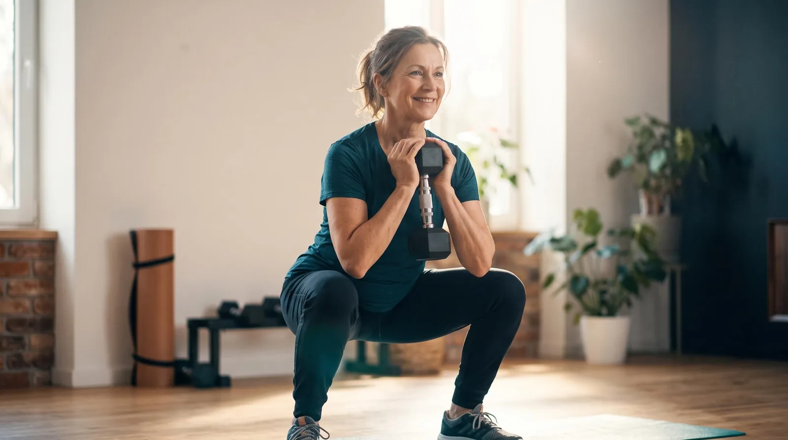Woman in her late 50s performing a goblet squat with a dumbbell.