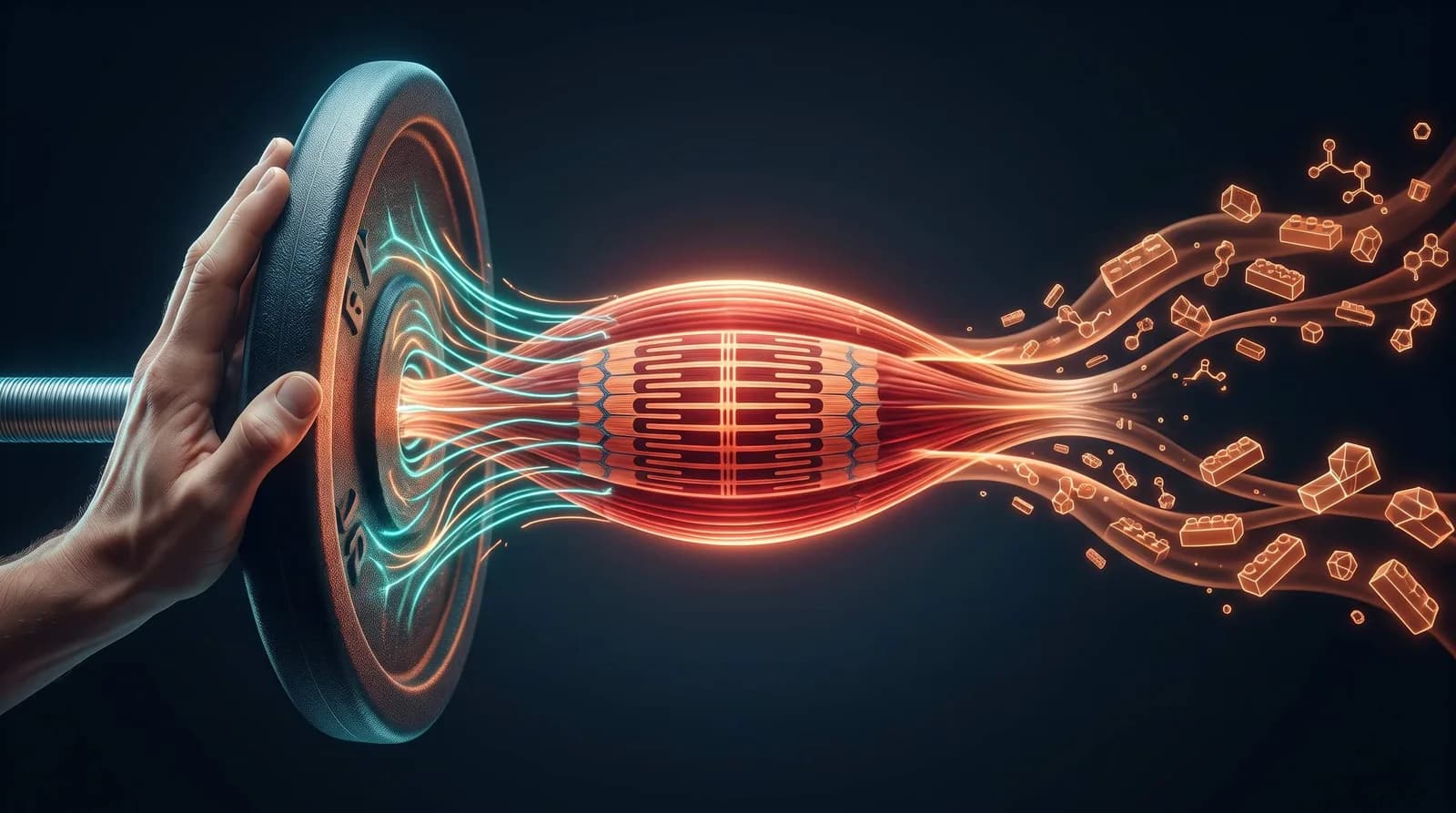 Two streams, mechanical tension and amino acids, converging on a muscle fiber.