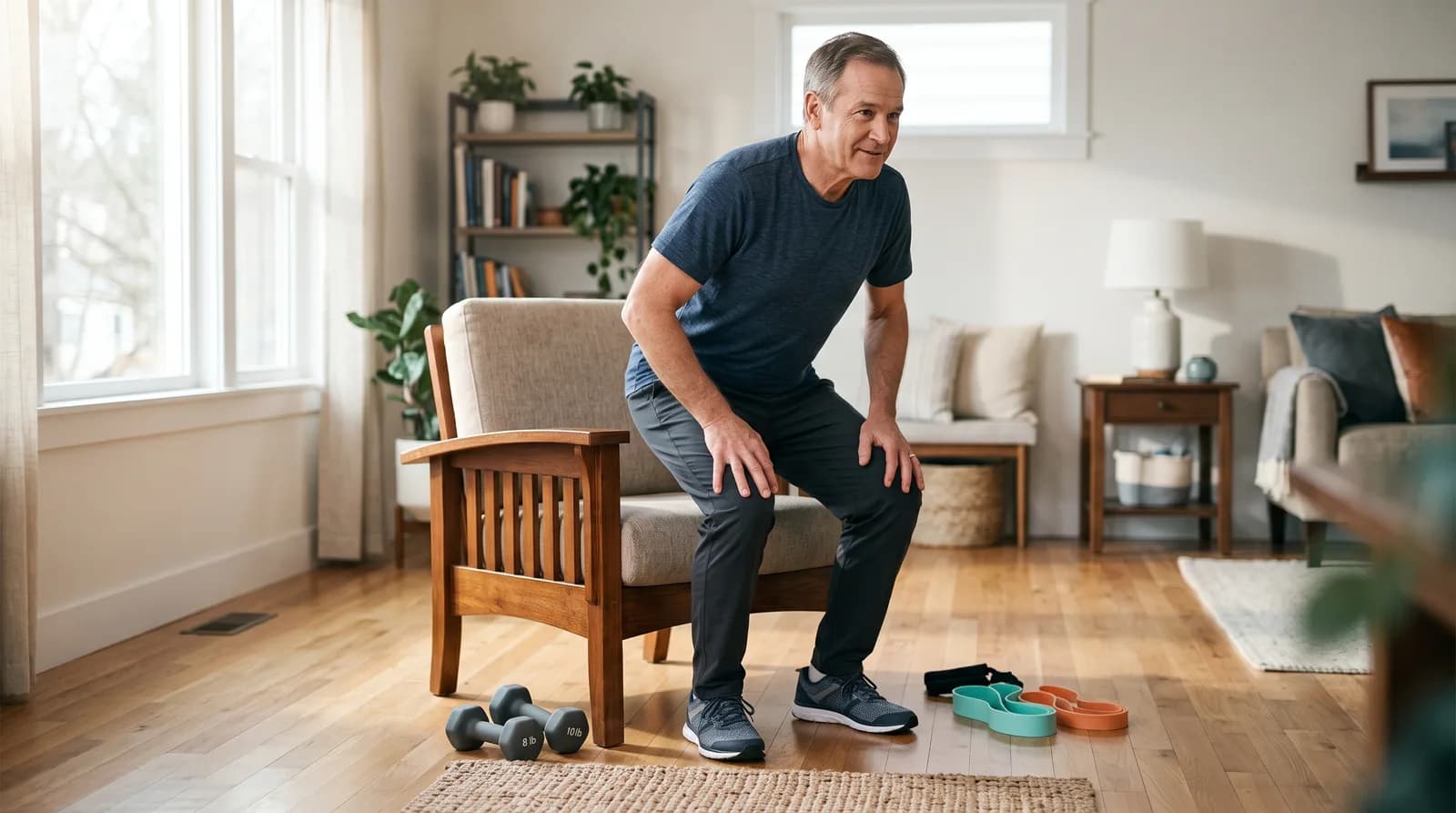 A man in his early 60s rising from a chair in a living room, with dumbbells and resistance bands beside him.
