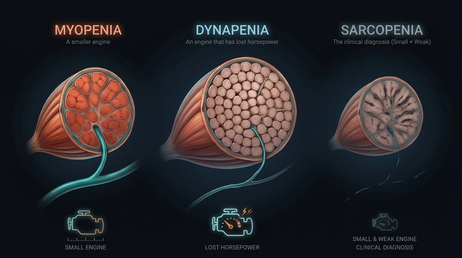 Three muscle cross-sections labeled myopenia, dynapenia and sarcopenia: smaller, weaker, and both.