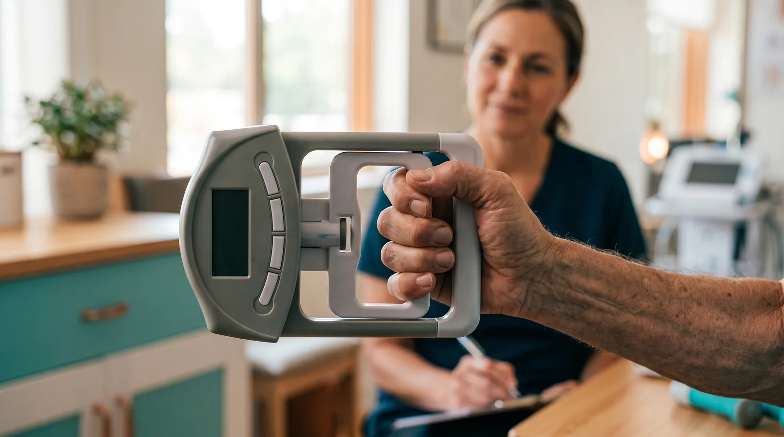 An older adult squeezing a handheld grip strength dynamometer while a clinician takes notes.