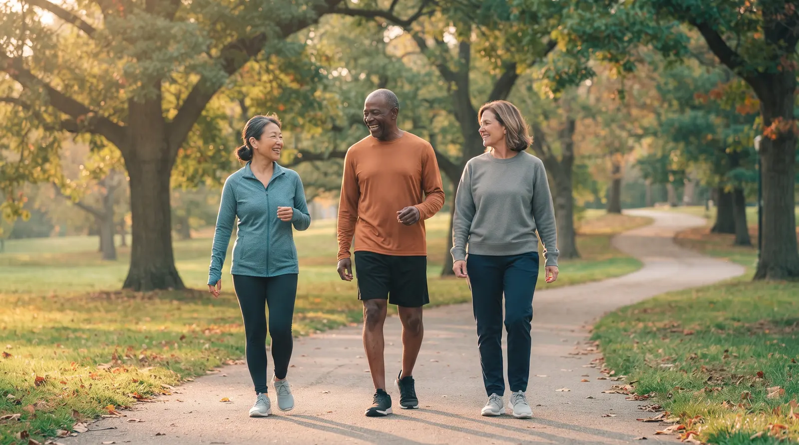 Three adults in their 50s and 60s walking briskly together on a tree-lined park path at sunset.