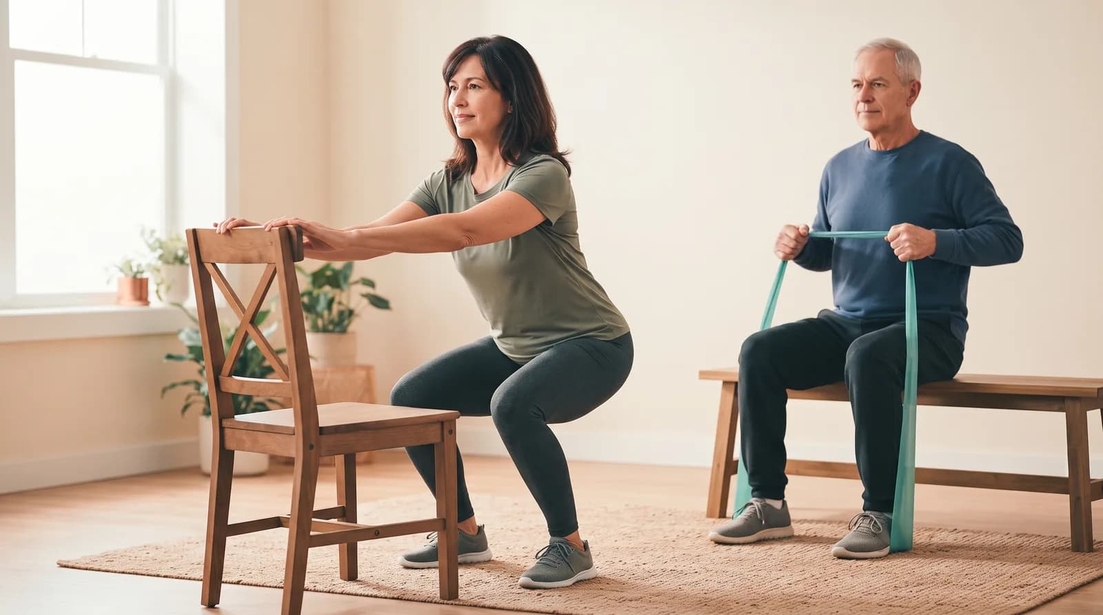 A woman doing a chair-supported squat and a man doing a resistance-band row in a bright room.