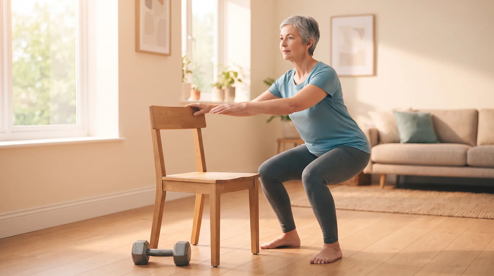 A woman in her 60s doing a chair-supported squat at home.
