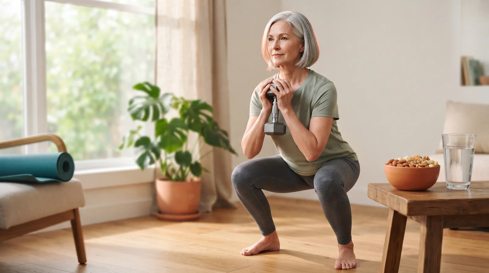 A woman in her late 50s doing a goblet squat with a light weight in a sunny living room.